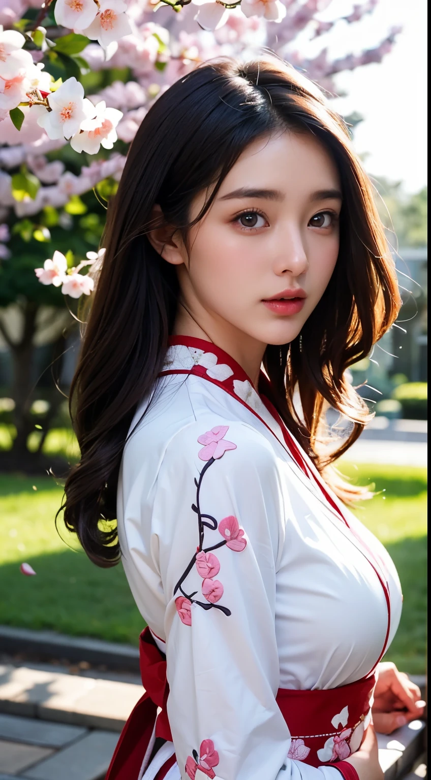 (A logo、masterpiece、8K、masutepiece、Raw photo、Fantastic、Best Quality、Photorealistic、extremely detailed CG unified 8k wallpaper、hightquality、ighly detailed、epic poem、Particle effect、Dynamic effects、depth of fields、Cinematic Light、Lens Flare、Ray tracing)、Fantasia、 (Beauty 1 person、White Japanese Clothing、Japanese dress、White cherry blossom pattern、White cherry blossom embroidery pattern、A dark-haired、Beautiful face、Real Face、Beautiful detail eyes、Beautiful skin)、Hair flutters in the wind、Hair jumps、Pink cherry blossom tree、Petals flutter、Sakura blizzard、Superb view、morning glow、Sun in the background、the wind、Deities、tusk、myth、Vast Land、