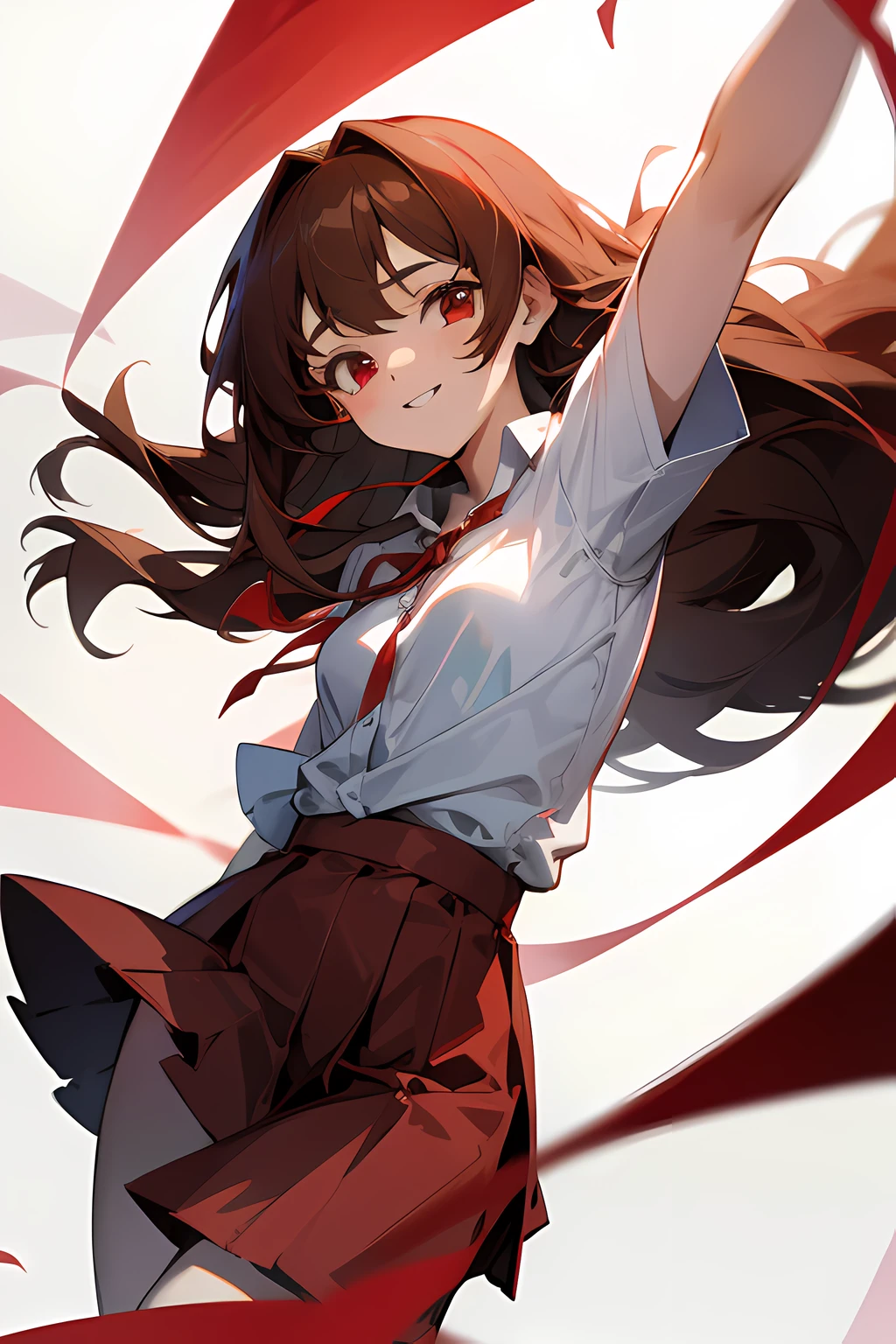 1girl, long brown hair, red eyes, wearing plain white shirt, wearing red ribbon in hair, red skirt, looking straight at viewer, happy, absurdres, high res, ultrasharp, 8k, masterpiece