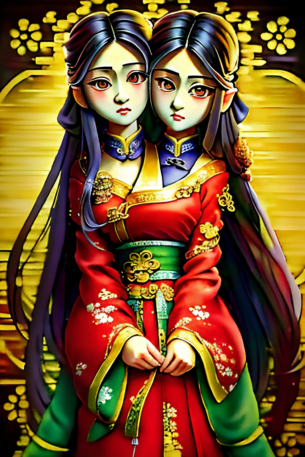 (masterpiece, best quality), best resolution, (2heads:1.5), 1girl, two heads on one chest oriental detailed background, very long hair