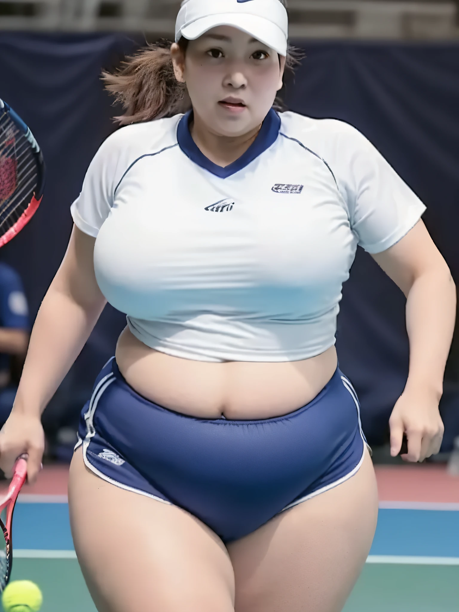 A 50-year-old woman playing tennis wearing a white shirt and blue shorts, Insanely inflated hips, Round thighs, she has a jiggly fat round belly, widest hips, large thighs, Chic, her belly is fat and round, Wearing a volleyball jersey, Fat Woman, large hips, big stomach, wide hips, wearing leotard, waist - shot