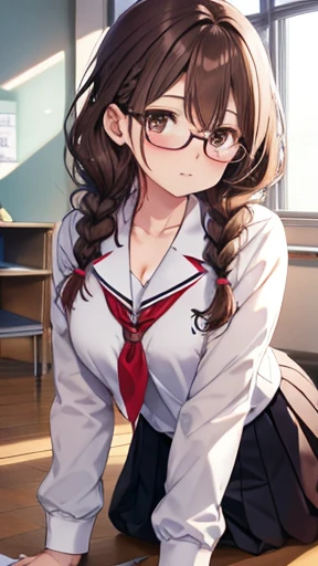 Braid hair、brown haired、eye glasses、校服、‎Classroom、Remove、Rags、all-fours、Chest chiller、breasts looking