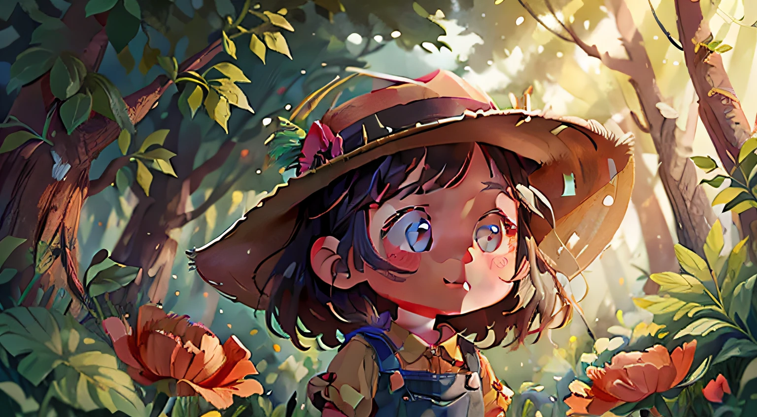 garota agricultora chamada papoula, vestindo roupas de cowboy, cowboy hat, ( pequena bonito) (5-6 anos) Standing, me sentindo feliz na floresta, Olhando para cima (lugar escuro: 0.8) (Desordem - Casa: 0.8 ), (master part: 1.2) (Realistic: 1.2) (Bokeh) (best quality) (detalhes complexos) (8k) (foco nítido), (pele detalhada: 1.2), imagem perfeita