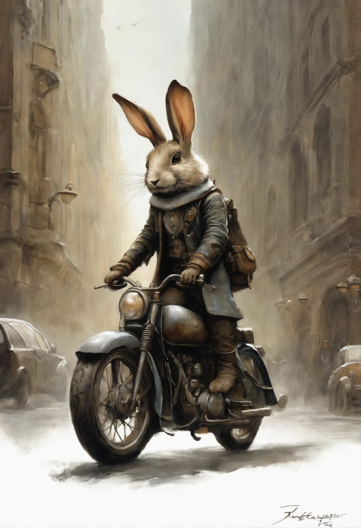 真实感, dark fantasy style, John Tolkien style, Small painting by Jean-Baptiste Monge, fluffy gopher girl with big breasts and big ears, looks like a bunny girl, In a short black leather jacket....., Jeans, Standing next to a motorcycle, The city, megalopolis, city trail, big house, glass skyscraperJean-Baptiste Monge, anthropomorphic --ar 2:3 --testp -optimistic;