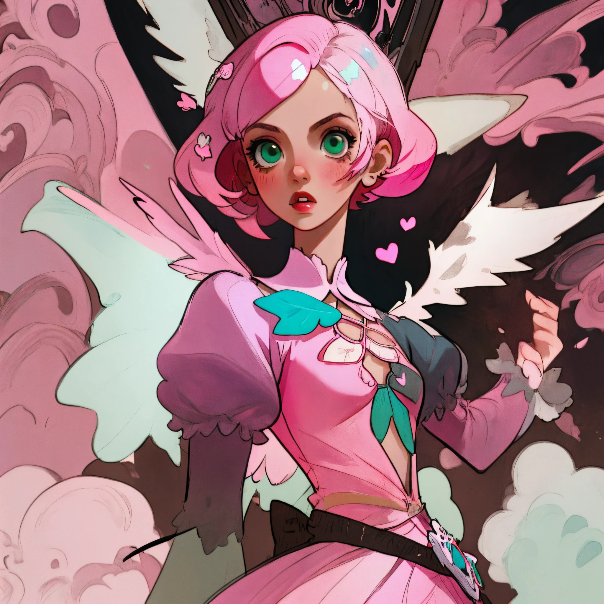 Alisa bosconovitch, melhor qualidade, contemporary, estilo plano, minimalismo, Green Eyes Flat Illustration, cabelo rosa, cabelo curto, cabelos multicoloridos, Camisa Preta, mechanical wings, Head Portrait Close-U, peito pontudo, decote, super decote, middlebreasts, Tekken,cabelo rosa pastel, 1girl, em quimono, hand-painted,Desenho de linha sem cor, colorida do yandere pastel, Tekken, Super cute pink hair girl with gothic makeup on the side, com roupa de empregada,figura esbelta,robusto,He sat on the floor,Vestido com roupas de empregada rosa e branco,cabelos muito curtos,com orelhas de gato,quadratic element,, kawaii cor-de-rosa na roupa da era de 1910, Alisa Bosconovich pink lips, no estilo da paleta de cores suave aurorapunk, an anime illustration of his face, gifs animados, hand drawn animation, charming sketches, suave e brilhante, romantismo nebuloso, Estilo Superflat, fundo branco - ar 1:1 - niji 5 - estilo expressivo --s 50 ,Pink kawaii girl in the era of 1920s clothesPink eagles, vestindo uma camisa branca brilhante, no estilo da paleta de cores suave aurorapunk, an anime illustration of his face, gifs animados, hand drawn animation, charming sketches, suave e brilhante, romantismo nebuloso, Estilo Superflat, fundo branco - ar 1:1 - niji 5 - estilo expressivo --s 50, Absurdo, Alto, ultra detalhados, (1girl:1.3), quebrar , Crie uma imagem com uma bela caligrafia