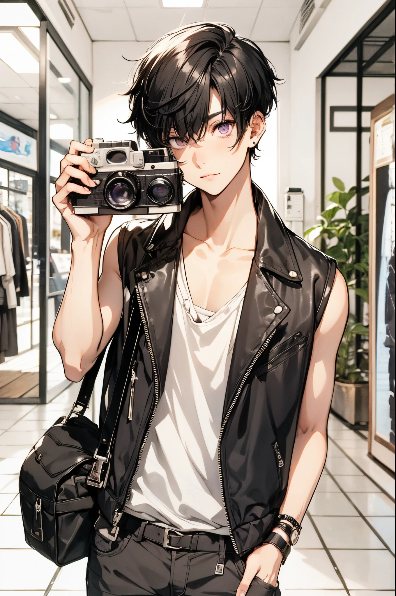 Light-filled eyes, Beautiful eyes, A young man, Short black hair, Purple eyes, Selfie, Vintage Camera, sleeveless top, Stylish, energy, casual, Modern atmosphere, chic youth fashion, japanese anime style, Clear line drawing, transparent watercolor texture, Subtle shading, Sophisticated appearance.