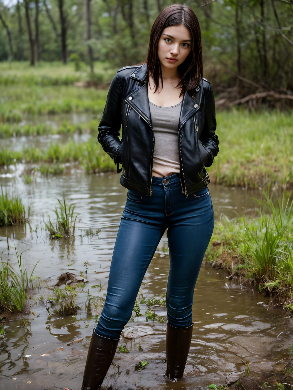 Breaking taboos, timidly seduces, Imminent punishment, a woman in jeans and a leather jacket drowns in a swamp while standing, In the middle of a mud swamp, Vulnerability, fetish, afraid of you, ecstasy, provocative pose, clothes are stained with swamp mud