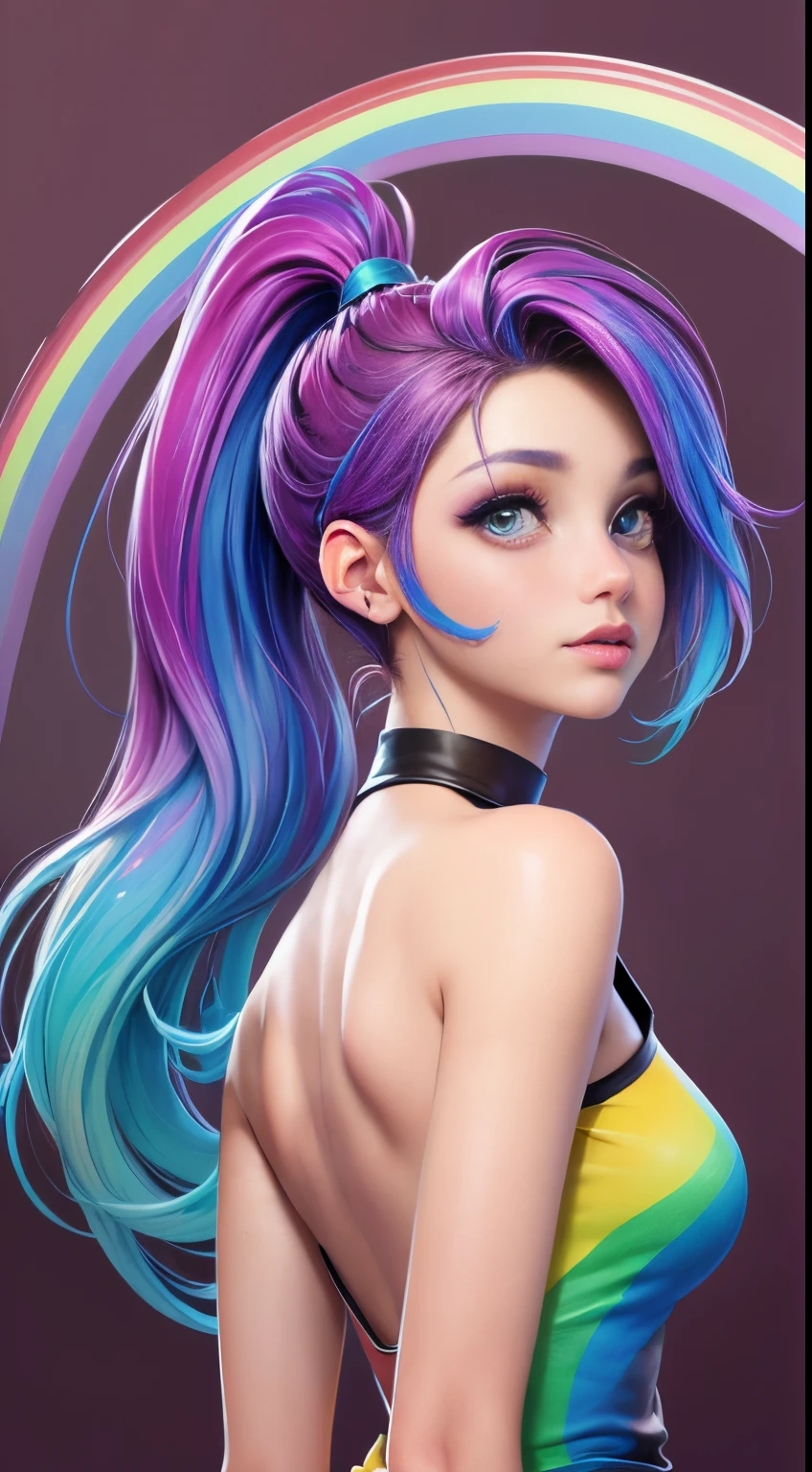 Foto de Jennifer Esposito,fotorrealista,(Camiseta Rosa Moda: 1.9),(Cor do Cabelo: 1.8), (all colors of the rainbow: 1.8),((((pintura vertical:1.6))), (pintura: 1.6),testa, Comics, Illustrations, Tintas, olhos grandes, olhos de cristal,( high ponytail rainbow color gradient:1.7), maquiagem requintada, boca fechada,(Pequeno fresco: 1.5),(Peito limpo: 1.5),(Peito limpo: 1.5) 1.6), longeyelashes, camiseta branca off-shoulder, camisa branca do ombro, looking at the audience, grandes olhos lacrimejantes, (rainbow hair color:1.6), salpicos de cor, (somente: 1.8), respingo de cor, Color explosion, estilo de pintura grossa, messy linerilhante)), (Colouring), (Colouring), (Colouring), Colouring, estilo de pintura grossa, (chapinhar) (salpicos de cor), pintura vertical, parte superior do corpo, Splatter de tinta, Acrylic Pigment, gradiente, pintar, A mais alta qualidade de imagem, very high quality, Masterpiece, floor, profundidade de campo, pintura facial, roupas coloridas, (elegante: 1.2), Beautiful, Cabelos Longos, vento, (elegante: 1.etals: 1.4),((Masterpiece))),((melhor qualidade))),((ultra-detalhado)),(ilustration),(angle dynamic),((Flutuante)),(pintura),((cabelos desgrenhados)),(somente),(1Menina) , (((Rosto anima detalhado))),((Rosto anima detalhado)),(rosto bonito e detalhado )),colar,ombros nus,cabelos brancos, ((Cabelos Coloridos)),((cabelo listrado)),(olhos detalhados bonitos,(gradient color eyes),((Eye Colorationackground Coloring ))),(high saturated))),((surrounded by splashes Colorings))),(arched back, Appearance from behind:1.7)
