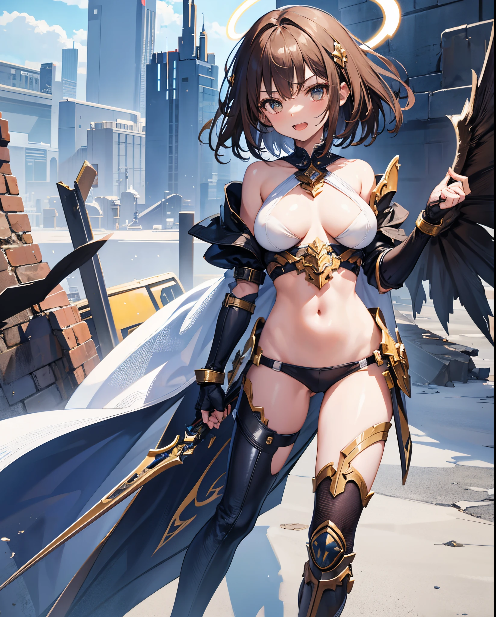 fantasy, 1angel_girl,child, ****,brown_hair, medium_bob_hair, long_bangs, halo,bare_shoulder,thighhighs,silver_armor, waist_armor, large_breasts,angry,grinning,open_mouth_teeth, 1pair_wings, dynamic_pose_fighting,floating, bare_crotch, headgear,gauntlet, greaves,city_sky_background,slightly_spread_legs, solo, groin_naked,dark_skin,