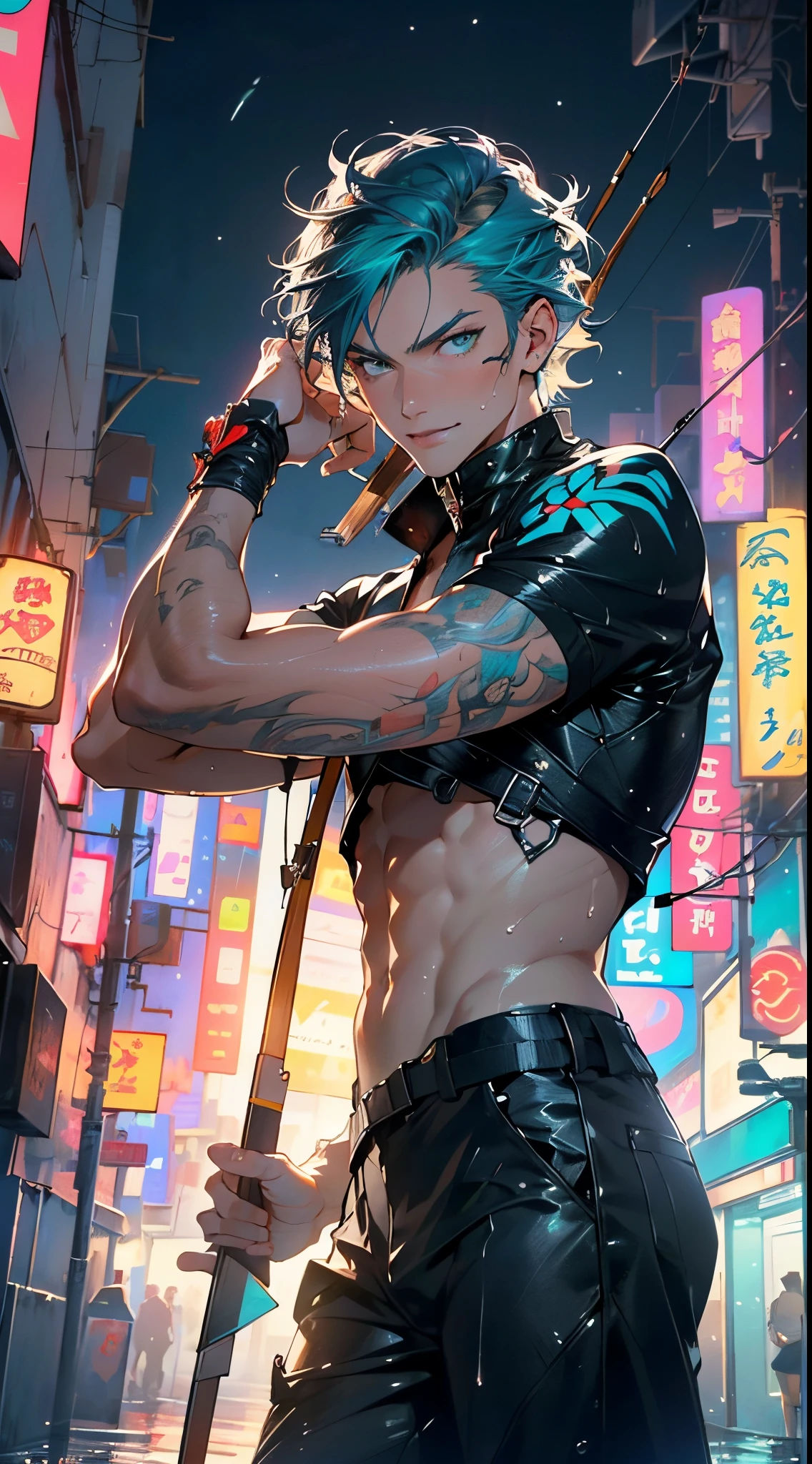 man:1.5,1 man,archer man,(((1man))),((man with aqua hair)),
(((1male,man:1.5,handsome man,male,male gender:1.5,male focus))),macho man,
((aqua messy hair,aqua hair,short hair,colored inner hair)),(((lustrous skin:1.5,tanned skin,bright skin: 1.5,skin tanned,shiny skin,very shiny skin,shiny body,illuminated skin))),(((aqua_eyes:1.2))),intricate eyes,beautiful detailed eyes,symmetrical eyes,((man chest)),handsome face,((muscular)),((detailed face)),
confident attitude,nsfw,
cyberpunk agent, ((holding a arch:1.5,bow and arrows in a quiver:1.5)), cyberpunk citizen in oversize techwear,((bulge in pants)),((cyberpunk archer outfit)),((wet clothes,intricate outfit,intricate clothes)),
(dynamic pose:1.0),solo focus,((evil smile,evil look)),(centered,scale to fit dimensions,Rule of thirds),
cyberpunk city by the ocean at night, with bright neon signs and dark stormy clouds and puddles, scenery:1.25,nighttime, starry night, cosmos,Very dark night that makes the neon lights stand out, very bright neon lights,nighttime, starry night, cosmos,
artistic photography,(photography taken by sldr),highres, sharp focus,(ultra detailed, extremely detailed), (photorealistic artwork:1.37),(extremely detailed CG unity 8k wallpaper),((synthwave background theme)),(((vibrant colors))),intricate,(intricate background),(masterpiece),(best quality),photo realistic,analog style,((intricate detail)),(((realism))),