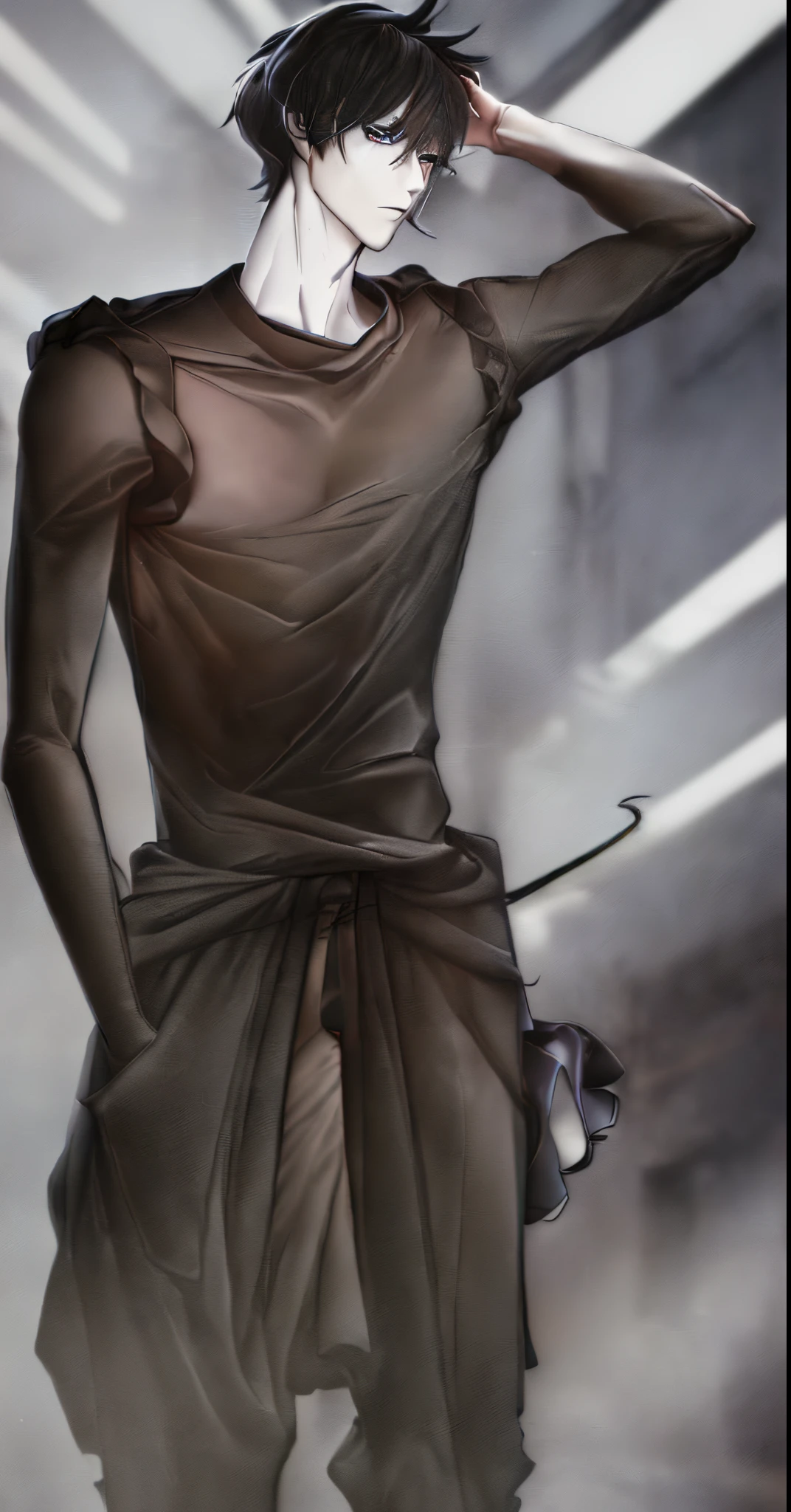 (1guy:1.3), (((with white hair and one black lock of hair in the middle))), slim, skinny, muscular body, anime handsome man, tall anime guy with stunning dark eyelack eyeale anime character, anime - style image of a man in a black hoodie, wearing dark robe, in a black hoodie, tall anime guy with black eyes, confident guy in demon slayer art, wearing black clothes and cape, wearing black robe, (anime boy with white hair and a black lock of hair in the middle), bright modern apartment background, anime character, full body illustration, Smooth Anime CG Art
