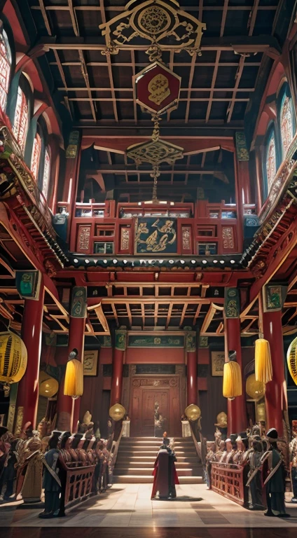 Huge super grand Chinese court Hall, Ancient Chinese Court Hall, soldiers gathering, fantasy background, super real, super detailed, full body image, heistcore, surreal, hypermaximalist, surreal, super detailed, accent lighting, global lighting