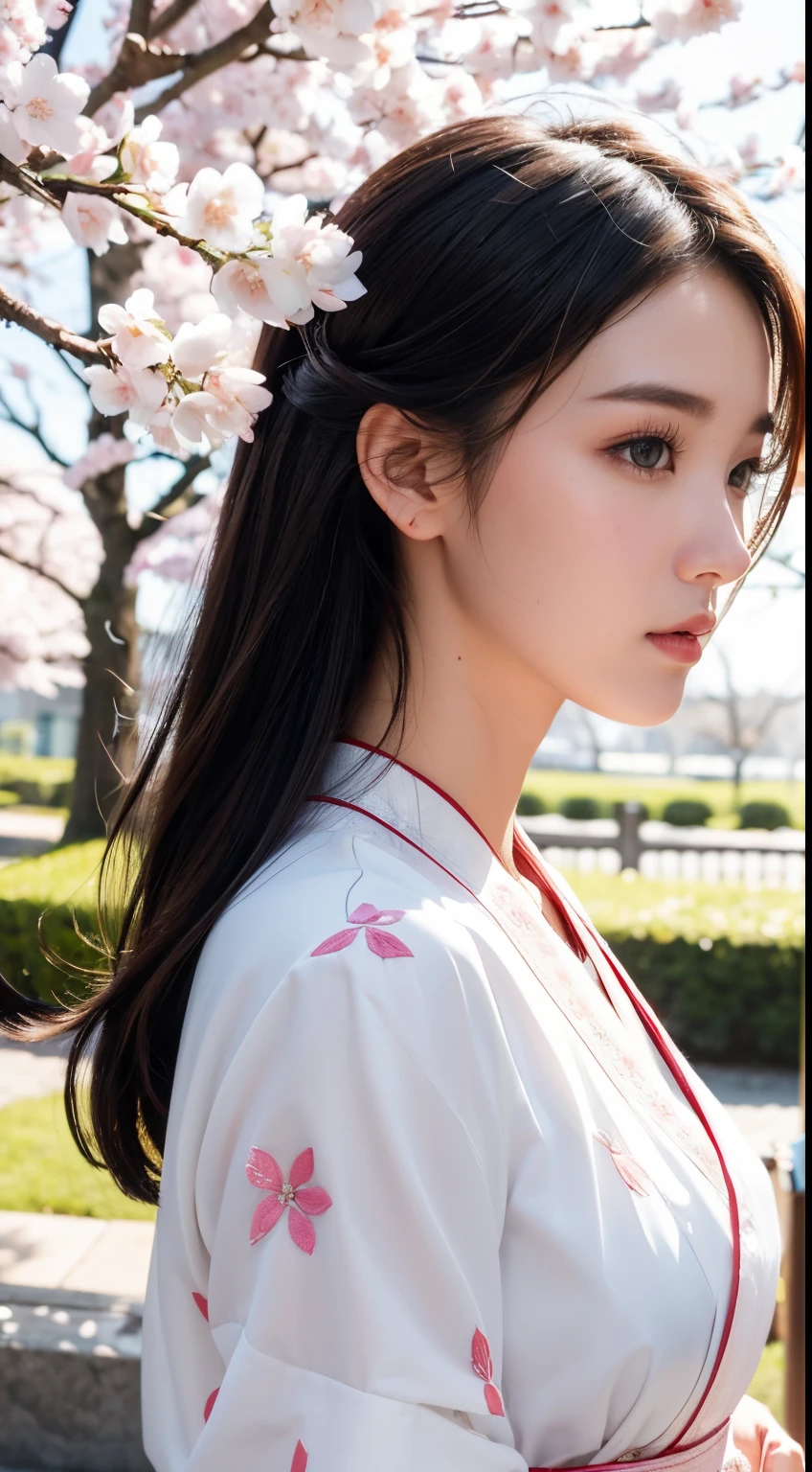 (A logo、masterpiece、8K、masutepiece、Raw photo、Fantastic、Best Quality、8K wallpaper that combines photorealism and high-definition CG、hightquality、ighly detailed、epic poem、Particle effect、Dynamic effects、depth of fields、Cinematic Light、Lens Flare、Ray tracing)、Fantasia、 (Beauty 1 person、White Japanese Clothing、Japanese dress、White cherry blossom pattern、White cherry blossom embroidery pattern、A dark-haired、Beautiful face、Real Face、beautiful details eyes beautiful skin)、Hair flutters in the wind、Hair jumps、Pink cherry blossom tree、Petals flutter、Sakura blizzard、Superb view、morning glow、Sun in the background、the wind