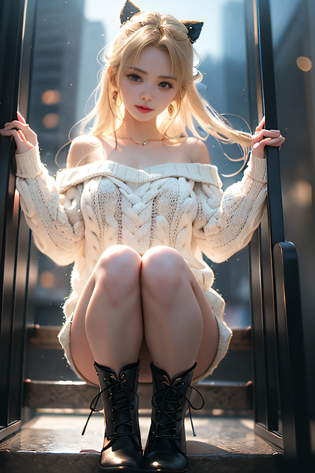((girl standing on the stairs in the office)),bright expression、Young shiny shiny white shiny skin、Best Look Rondo Reflective Light、Platinum blonde hair with dazzling highlights、shiny light hair,、Super long silky straight hair、Beautiful bangs that shine、Glowing crystal clear attractive big blue eyes、Very beautiful nice cute 16 year old girl、Lush bust,Beautiful detailed eyes, beautiful detailed nose,(( Full Body Angle:1.5)),Makeup that the eyes emphasize、Royal style,Comic style, , Sub-surface scattering, ornate detail, nature backdrop, Supergianthugebreasts, ((Cinematic)), Dramatic Lighting, masutepiece、((Off-the-shoulder white hand-knitted sweater:1.4))、((Black Leather Mini Skirt)), ((Black Leather High Heel Boots))、(White lace panties are visible)、1 girl in、Ultra realistic 8K CG, Picture-perfect face, flawless, clean, masutepiece, Professional artwork, famousartwork, Perfect face, Beautiful face, Beautiful eyes, ((Perfect female body)), Solo,(Immersive atmosphere, Chiaroscuro:1.5,Bright light:1.2,Luminous lighting),(blush:0.5),fascinated expression,Extremely detailed_Eyes,thick thighs,Large,beautifullydetailedbackground,depth of fields,Realistic:1.3, , (ambient lights:1.3),(Cinematic composition:1.3),(Neon light:0.1),(nffsw:0.1),((Outside the window, Hazy skyscrapers))