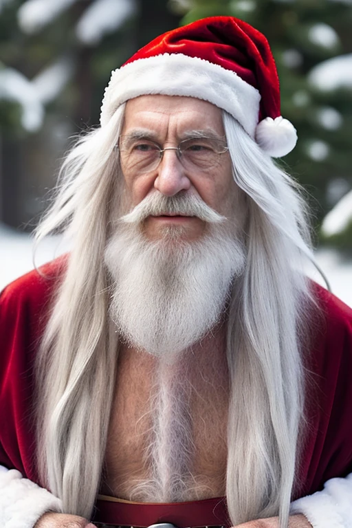 An elder with a long beard and white hair, with a serene face wrinkles, looking producing, body older weak, skinny bones hairy, body naked, his shirt was open to reveal his stomach wrinkles older hairy weak and chest, arms legs neck hands feet skinny old and weak, Santa Claus hat, gloves and open coat,shy and blushed, Lying in the snow,snow lily,Closed eyes,master-piece,4K images,beste-Qualit