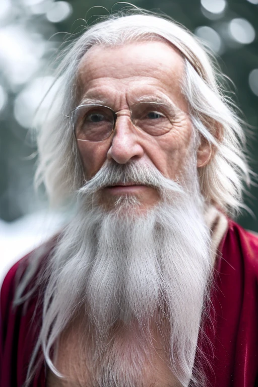 An elder with a long beard and white hair, with a serene face wrinkles, looking producing, body older weak, skinny bones hairy, body naked, his shirt was open to reveal his stomach wrinkles older hairy weak and chest, arms legs neck hands feet skinny old and weak, Santa Claus hat, gloves and open coat,shy and blushed, Lying in the snow,snow lily,Closed eyes,master-piece,4K images,beste-Qualit