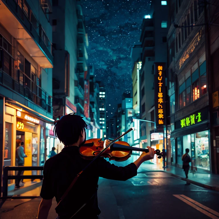 Rear view of a man playing the violin in an anime style illustration。Night background。