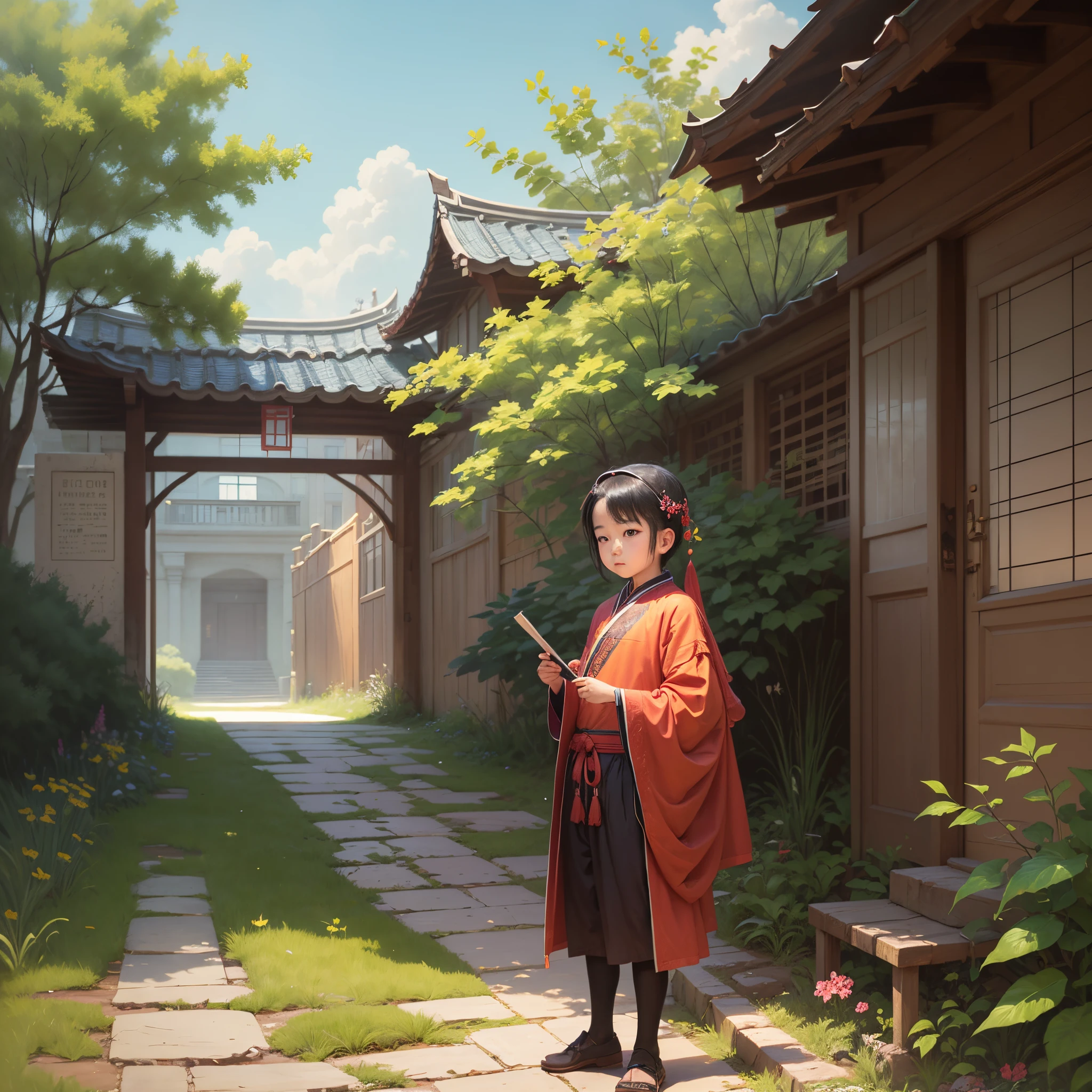 Ancient Chinese boy portrait with spring landscape --auto --s2