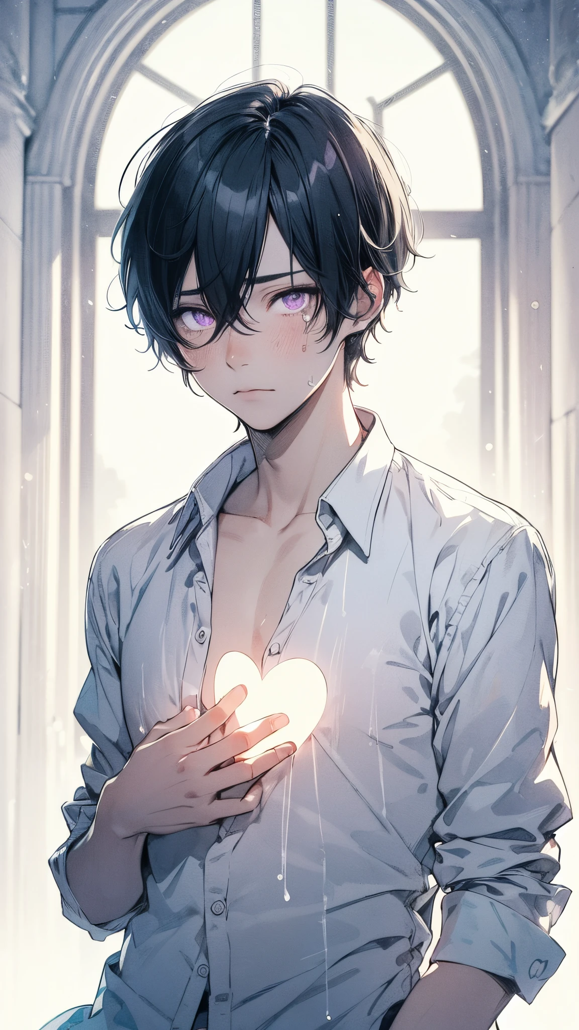 high-quality, Japanese anime-style, illustration, beautiful young man, short black hair, purple eyes, tears, hand over heart, transparent glowing heart, emotional pain, introspection, softly lit, sparse room, isolation, clear line drawing, transparent watercolor textures, clear shading, poignant emotion, vertical format.