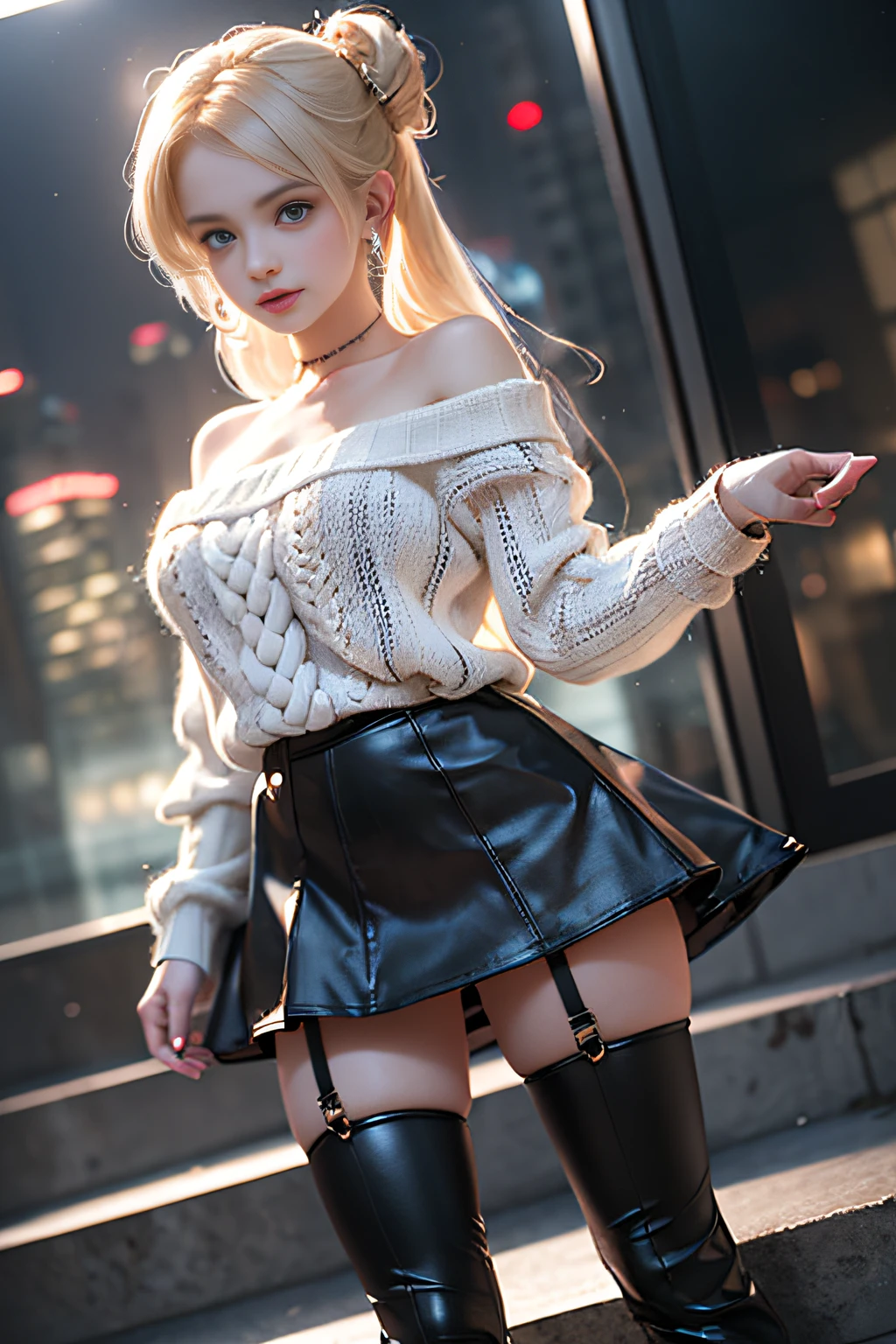 ((girl standing on the stairs in the office)),bright expression、Young shiny shiny white shiny skin、Best Look Rondo Reflective Light、Platinum blonde hair with dazzling highlights、shiny light hair,、Super long silky straight hair、Beautiful bangs that shine、Glowing crystal clear attractive big blue eyes、Very beautiful nice cute  girl、Lush bust,Beautiful detailed eyes, beautiful detailed nose,(( Full Body Angle:1.5)),Makeup that the eyes emphasize、Royal style，Comic style, , Sub-surface scattering, ornate detail, nature backdrop, Supergianthugebreasts, ((Cinematic)), Dramatic Lighting, masutepiece、((Off-the-shoulder white hand-knitted sweater:1.4))、((Black Leather Mini Skirt)), ((Black Leather High Heel Boots)）、(White lace panties are visible)、1 girl in、Ultra realistic 8K CG, Picture-perfect face, flawless, clean, masutepiece, Professional artwork, famousartwork, Perfect face, Beautiful face, Beautiful eyes, ((Perfect female body)), Solo,(Immersive atmosphere, Chiaroscuro:1.5,Bright light:1.2,Luminous lighting),(blush:0.5),fascinated expression,Extremely detailed_Eyes,thick thighs,Large,beautifullydetailedbackground,depth of fields,Realistic:1.3, , (ambient lights:1.3),(Cinematic composition:1.3),(Neon light:0.1),(nffsw:0.1),((Outside the window, Hazy skyscrapers))
