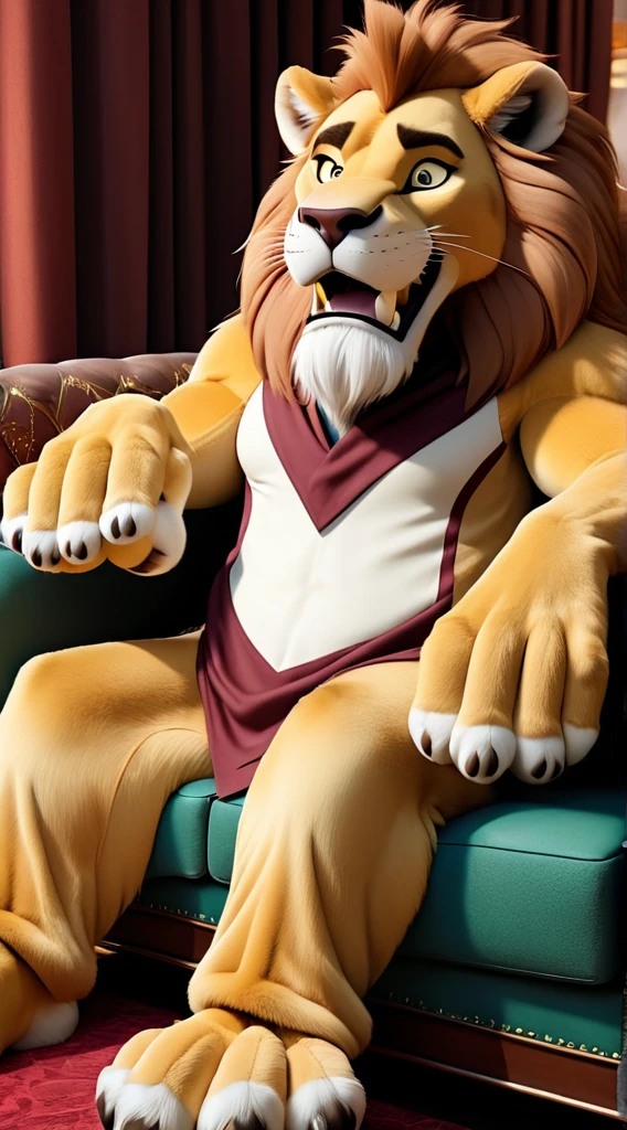 cinematic photo of an anthropomorphic lion fursuit lounging on a couch, with big paws and 4 toes, large  and , ,