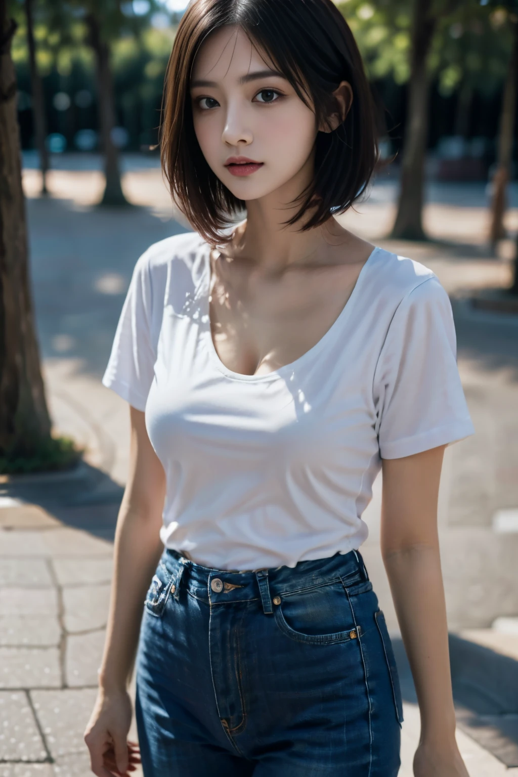 top-quality、masterpiece、超A high resolution、Raw photography、(Photorealsitic:1.4)、1人、A detailed face、cowboy shot、(White T-shirt、Slim jeans)、Unbuttoned clothes、cleavage of the breast、(Constricted waist) :1.2)、short-haired、on the park、bokeh dof、Beautiful light inodell pose、