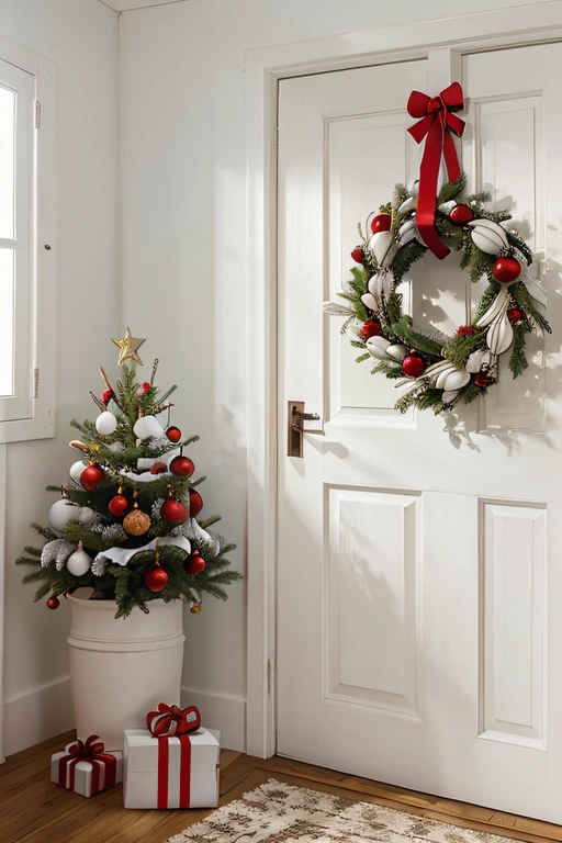 create a picture zoomed out with many realistic wooden white doors in a house and with christmas decorations around