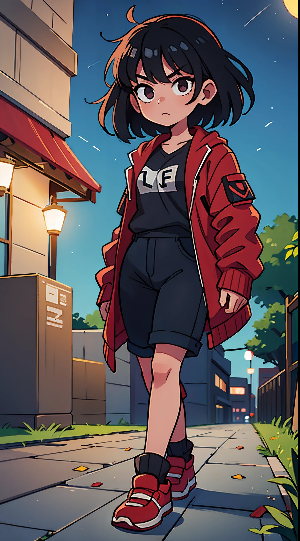 1 male black haired , 1 female black haired, walking, night time,