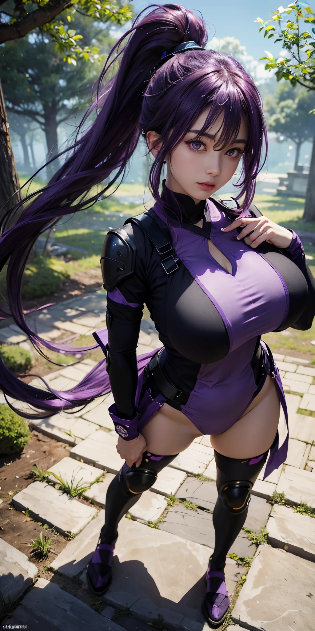1girl,huge breast ,purple hair, purple eyes, ponytail,ninja clothes,standing under trees, night , high quality, ultra detailed, masterpiece, realistic