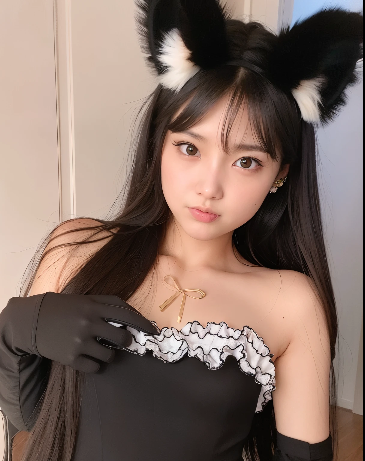 there is a woman with long hair wearing a black dress and cat ears, Ulzzang, muito bonita gatinha fofa, Sakimichan, menina gato atraente, Tohsaka also., menina com orelhas de gato, Shikami, orelhas pretas do gato do cabelo preto, menina coreana, Jinyoung Canela, Jaeyeon Nam, cruel korean goth girl, orelhas de gato falsas