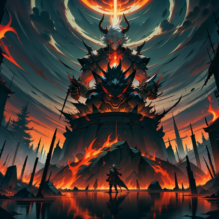 In a world consumed by darkness, Where ancient legends come to life, Imagine a demonic shogun emerging from the fiery depths of hell. Play as a fearsome character clad in crimson armor, An ethereal glow emanating from every crevice. With eyes that burn like hellfire, They pierce the abyss, reflecting the malevolence that resides within us. Perched on a blood-soaked battlefield, Their presence commands both fear and respect, Ruler of Shadows and Master of Chaos. The dark aura that surrounds them engulfs the surroundings, as if the air itself trembled with reverence. in background, A crimson sky paints a menacing canvas, as menacing clouds swirl, reflecting the restlessness of their souls. Capture the essence of this demonic shogun, The Embodiment of Power and Destruction, in an image that sums up the fiery dominance and sinister allure of their evil