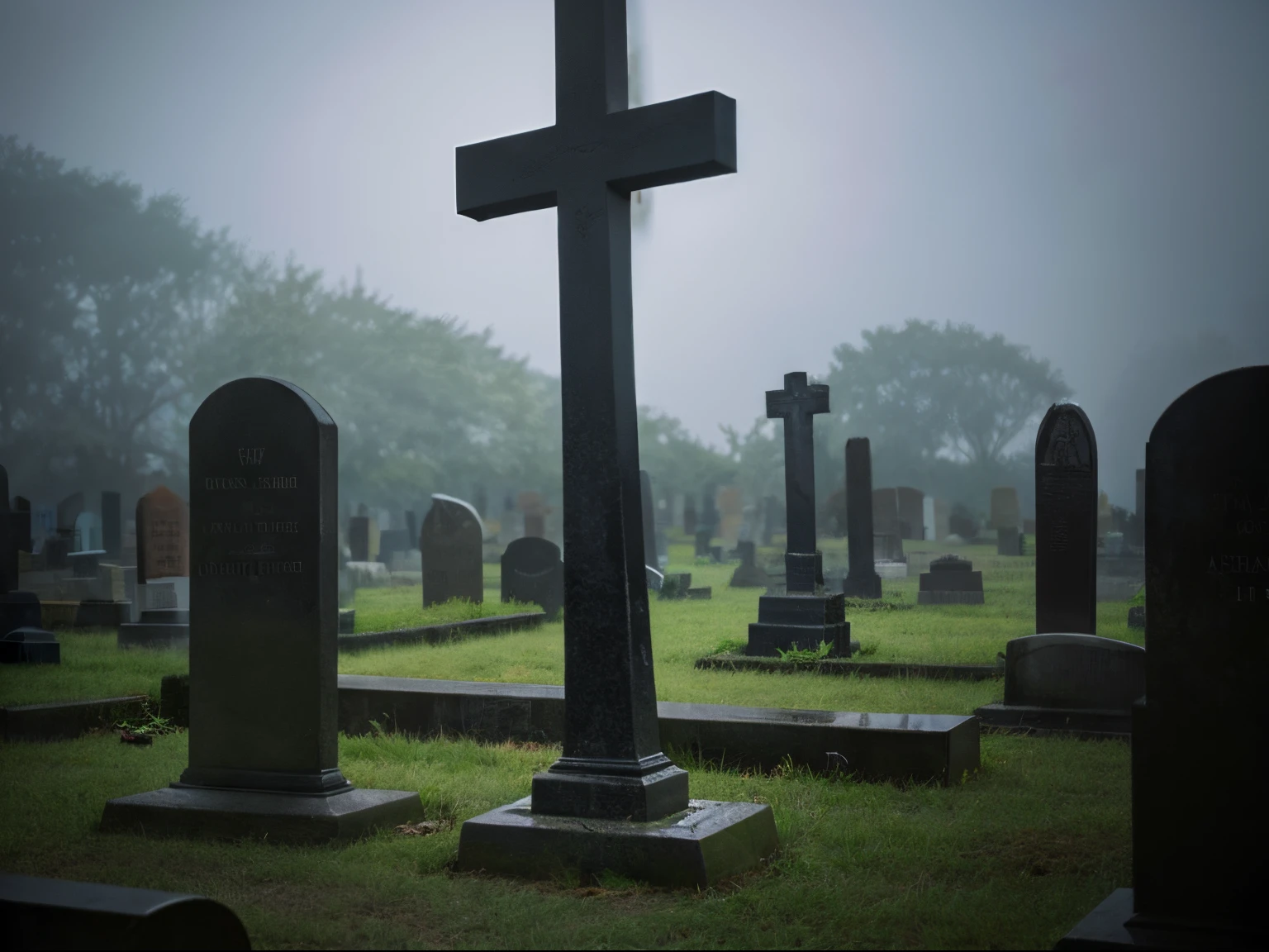 graveyard with dark crosses、Foggy