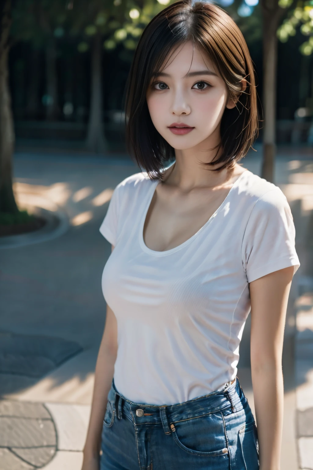 top-quality、​masterpiece、超A high resolution、Raw photography、(Photorealsitic:1.4)、***1人、A detailed face、cowboy  shot、(White T-shirt、Slim jeans)、Unbuttoned clothes、cleavage of the breast、(Constricted waist) :1.2)、short-haired、on the park、bokeh dof、Beautiful light inodell pose、