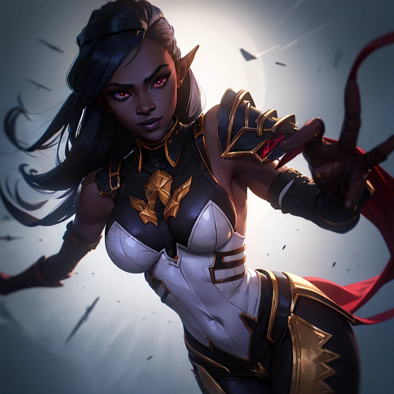 ((Masterpiece)), ((best quality)), ((highres)), Dark elf woman in a majestic dress raising zombies, necromanthy, raising undead, ritual, dark grey skin, gray-skinned, elven ears, she has ruby-red eyes and grey skin, black hair, polite smile, 35 years old, discussing, extremely detailed artgerm, style artgerm, in style of artgerm, artgerm style, artgerm detailed, style of artgerm, aly fell and artgerm, samira from league of legends, drawn in the style of artgerm, artgerm lau