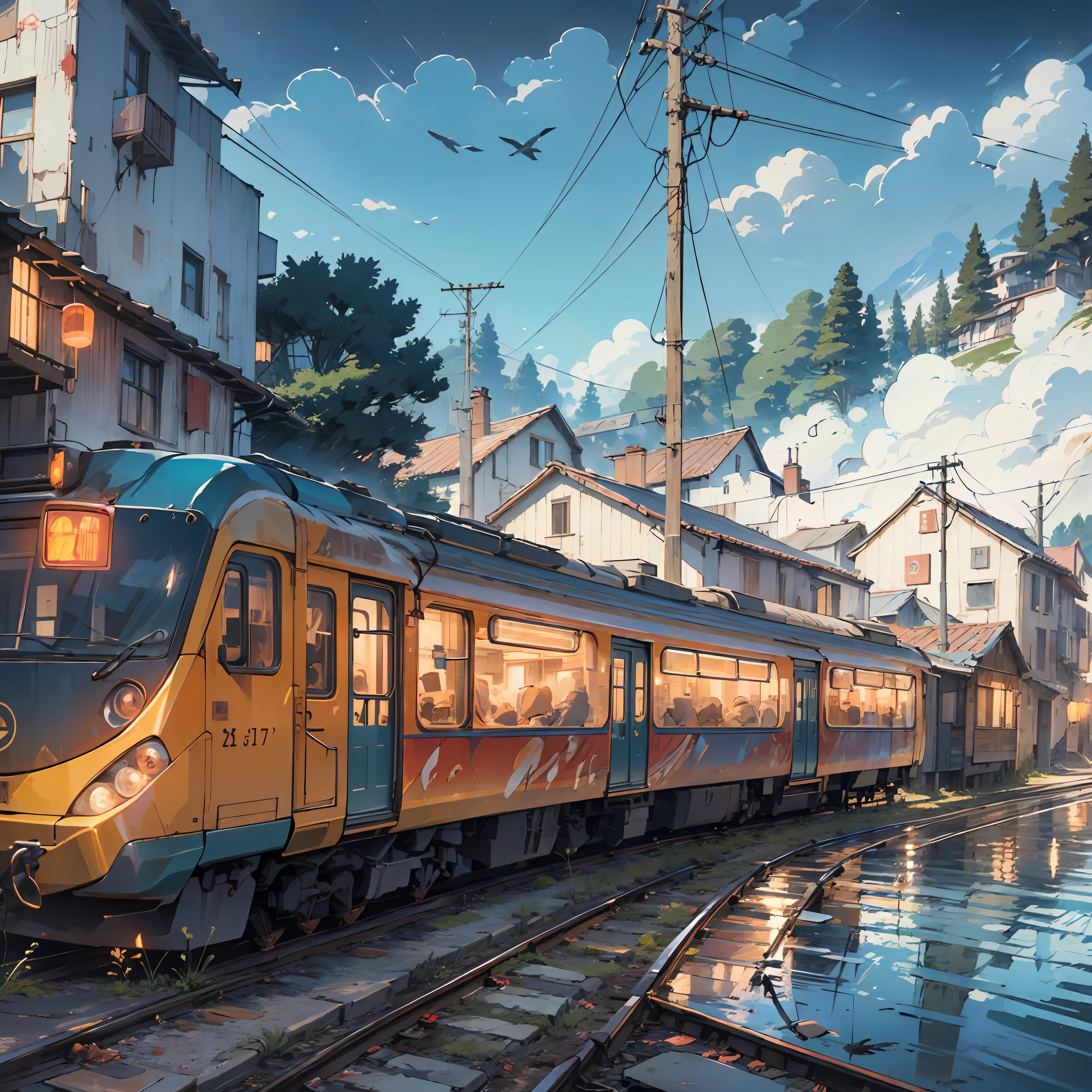 Train in motion, in the mountains, res, lake, cozy city, happiness, retro, full color, multicolor, artful, top detail, super quality, fine details, highlights, neon lights