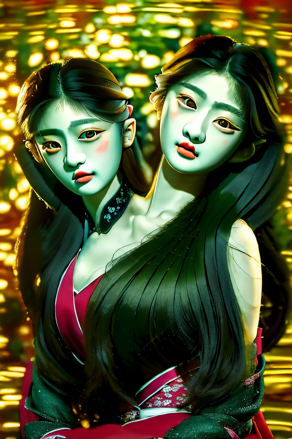 (masterpiece, best quality), best resolution, (2heads:1.5), 1girl, two heads on one chest oriental detailed background, very long hair

U
V