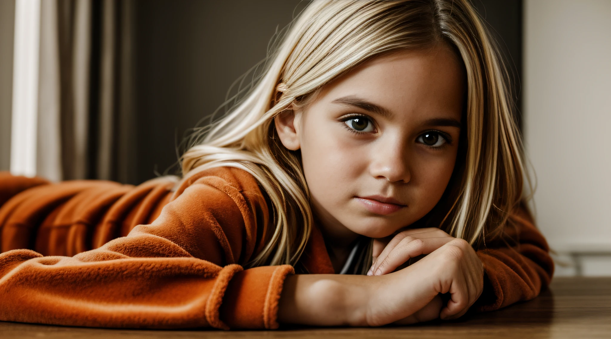 blonde  girl lying on a table in a red fur coat, pele laranja, Ana Nikonova, tons de laranja, Retrato no meio da foto, Directed by: Anita Malfatti, tons de laranja e preto, olhos laranja brilhantes, foto de retrato, Directed by: Anna Haifisch, Close Up foto retrato, Directed by: Emma Andijewska, Directed by: Zofia Stryjenska