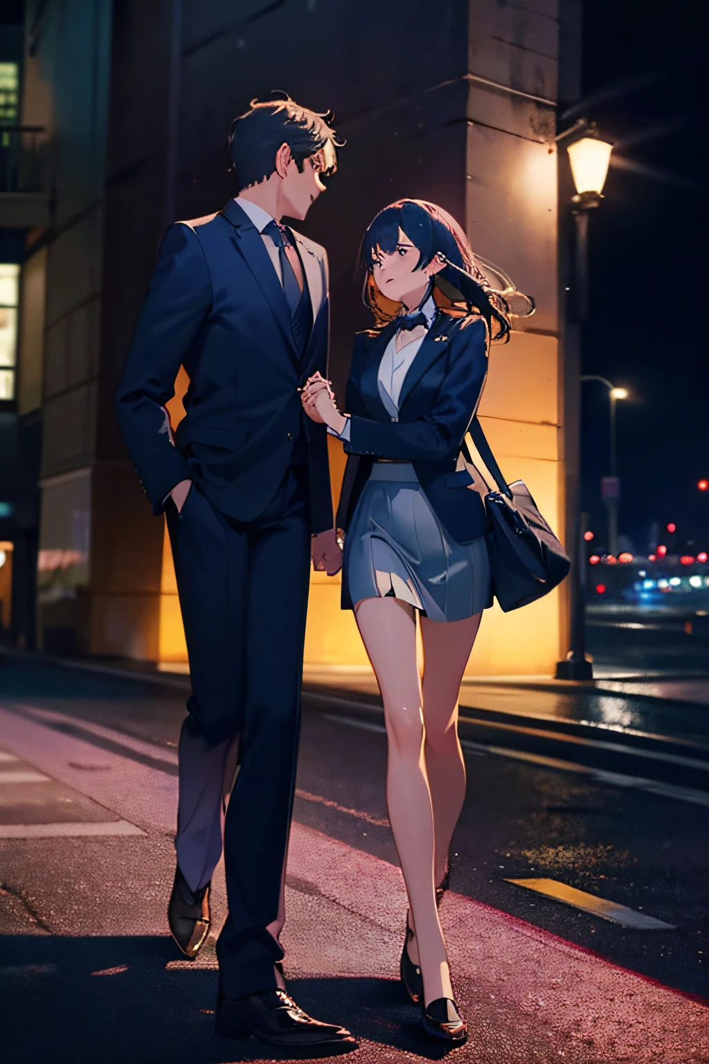 nsfw,((1man and 1woman,kiss,hug,standing sex:1.5)),man hugs woman from behind、man's hand touches woman's breast:1.5),(25 year old handsome man、black formal suit、black short hair、long bangs、cold smile), break ((perfect anatomy:1.2,realistic,:1.3,RAW Photography:1.3,masterpiece、highest quality、Ultra - High resolution、High resolution、Highly detailed CG、8K)),cowboy shot, break (1 female,solo,20-year-old,beauty of japan,beautiful detailed face and eyes,big and gorgeous eyes),dark blue eyes,(black hair,long hair,blunt bangs),(medium breasts,slender body,small head:1.4, skinny), glowing skin,oily skin,standing,arms behind back,((shackles:1.5)),((white shirt with collar,long sleeve,navy pleated mini skirt、barefoot、loafer shoes)),(cum in vagina,cum on clothes,cum on body,excessive cum:1.5)、 bustling street、neon、at night、Tokyo、