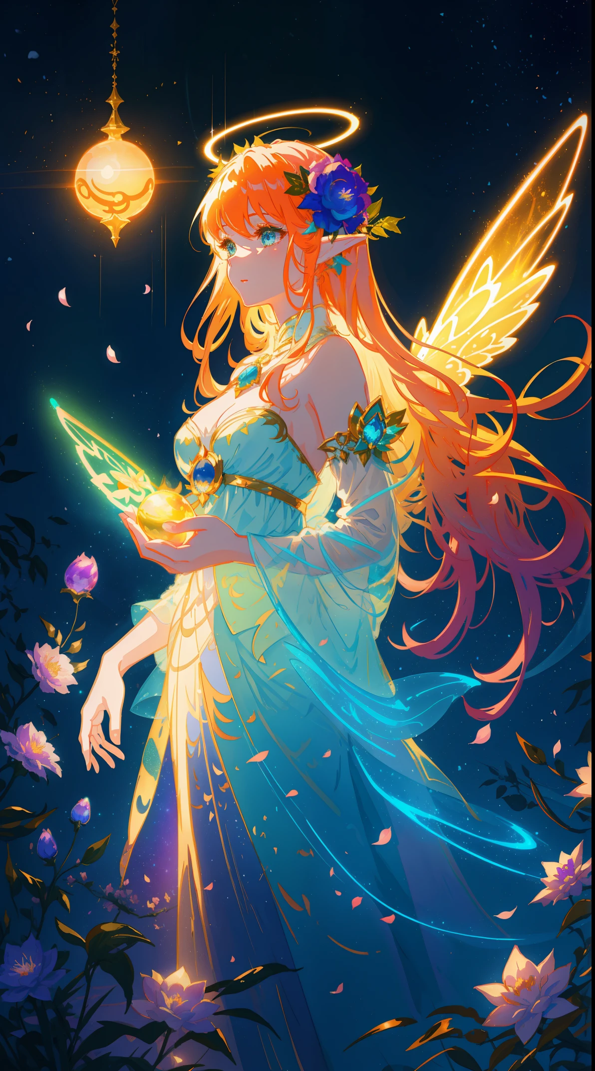 Beautiful girl wearing fairy dress made of flower petals, Beautiful fairy king surrounded by colorful elves and fairies, Glowing little fairy, (Glowing fairy wings), Glowing ball gown, with long coiled hair, Sparkling fairy wings, Watercolor illustration, Flowers and colorful plants, inspired by Glen Keane, Inspired by S. van Baarle, disney artstyle, author:Van Baarle, A glowing halo surrounds her, Glenn Keane, Just a joke, glowing lamps! digitial painting, flowing glowing hair, glowing flowing hair, beautiful digital illustration, Fantasia otherworldly landscape plants flowers, The beautiful, tmasterpiece, Best quality at best, Anime Disney style