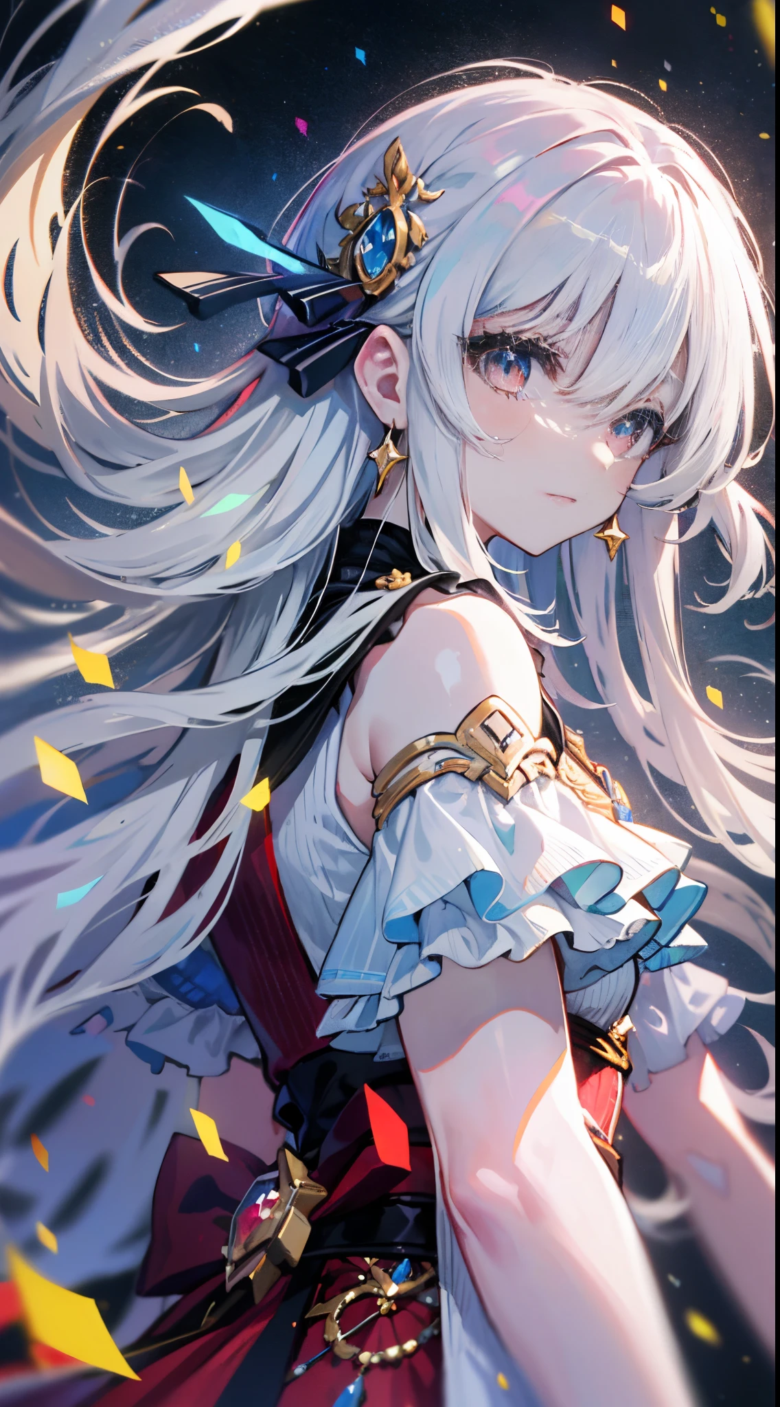 ( mano: 0.5) + (Detailed hands: 0.7), (tmasterpiece), (Best quality at best), White hair, red eyes, 1 girl, pale-skinned, White hair, red eyes, two tone color hair, eyeslashes, bangle, jewely, ssmile, sparkles on the skin, shinny hair, detailed and majestic stage, fanciful, long whitr hair, 1 girl, two tone color hair, nigh sky, Incredibly detailed CG illustration masterpiece looking at you, Japanese cartoon, beautiful anime eyes, 美丽细致的The eye, The eye, eyes with brightness, Eyes of different colors, red eyes, eBlue eyes, galaxias, Starcloud, (full bodyesbian), (curves)