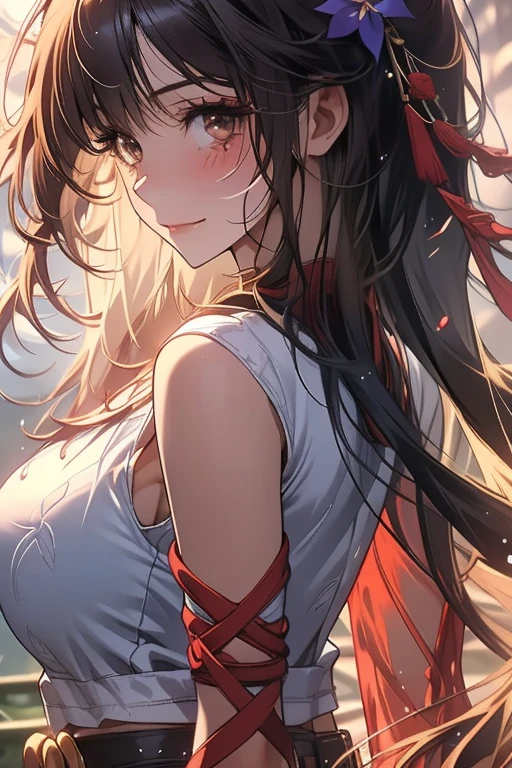 ((masutepiece, Best Quality, hight resolution, nffsw, Perfect Pixel, 4K, nffsw, nffsw))), 1girl in, Single, Solo, Beautie、full body seen、 ((Middle Wave Hair, Bangs, Brown hair)), ((Brown-eyed, Beautiful eyelashes, Realistic eyes)), ((Detailed face, Blushing:1.2)), ((Smooth texture:0.75, Realistic texture:0.65, Photorealistic:1.1, Anime CG style)), medium breasts, Dynamic Angle, Perfect body, (traditional cloth))、Very embarrassing panic smile