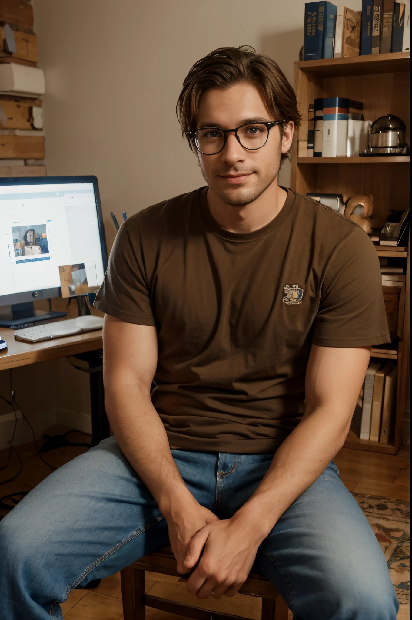 Jacob, Souriant, a un microphone de studio, script de livre audio sur le bureau d'une trentaine d'years, de corpulence moyenne, portant un t-shirt et un jean., son visage, orné de lunettes without pretention, Les yeux noisette reflect the chaleur and the determination, Cheveux bruns soigneusement coupés, Assis dans son studio confortable, surrounded by books,