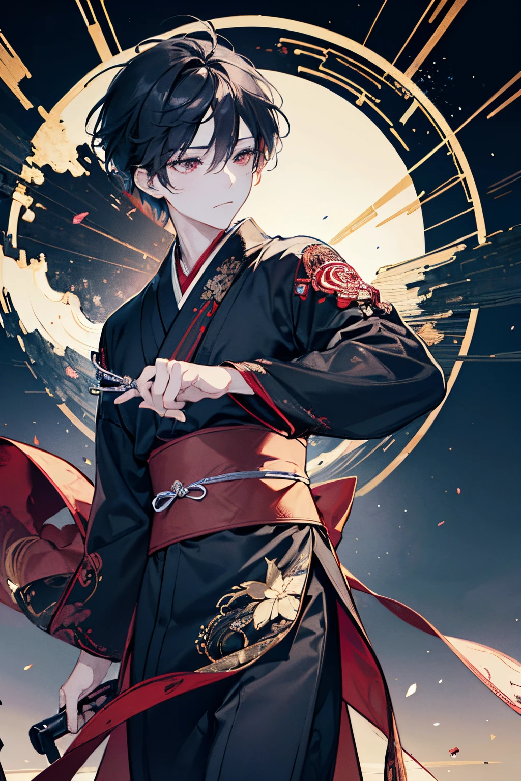 Create an intricately detailed 2D animation in 4K resolution featuring a 1 boy character inspired by the Genshin Impact games. Render the character in an anime art style, emphasizing specific attributes such as black, slightly curly hair, and intense red eyes. Attire the male character meticulously in a traditional Japanese yukata, ensuring that the design authentically captures the unique aesthetics of the Genshin Impact universe. Pay meticulous attention to ultra-detail in the illustration, striving to convey the rich essence of the game's world. Craft a visually stunning and immersive artwork that seamlessly integrates the character's individuality with the captivating allure of Genshin Impact. ultra detailing part