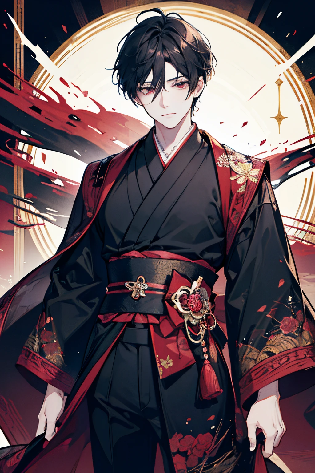 Create an intricately detailed 2D animation in 4K resolution featuring a 1 boy character inspired by the Genshin Impact games. Render the character in an anime art style, emphasizing specific attributes such as black, slightly curly hair, and intense red eyes. Attire the male character meticulously in a traditional Japanese yukata, ensuring that the design authentically captures the unique aesthetics of the Genshin Impact universe. Pay meticulous attention to ultra-detail in the illustration, striving to convey the rich essence of the game's world. Craft a visually stunning and immersive artwork that seamlessly integrates the character's individuality with the captivating allure of Genshin Impact. ultra detailing part