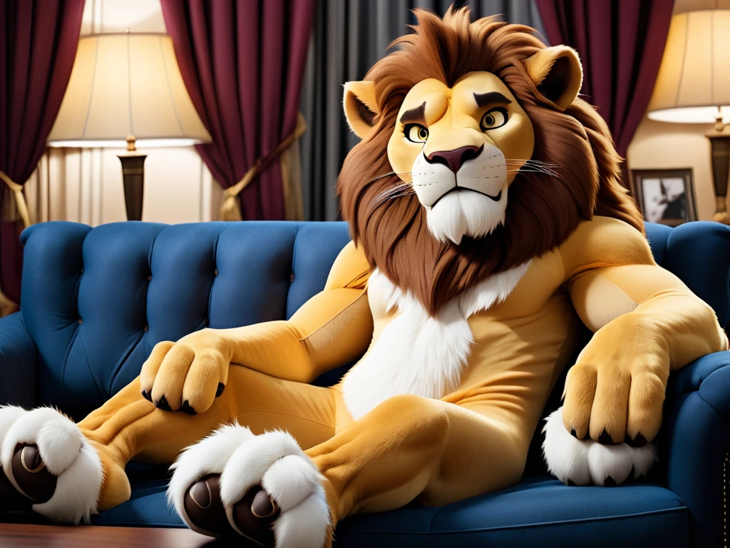 cinematic photo of an anthropomorphic lion fursuit lounging on a couch, with big paws and 4 toes, large penis and balls, erection,