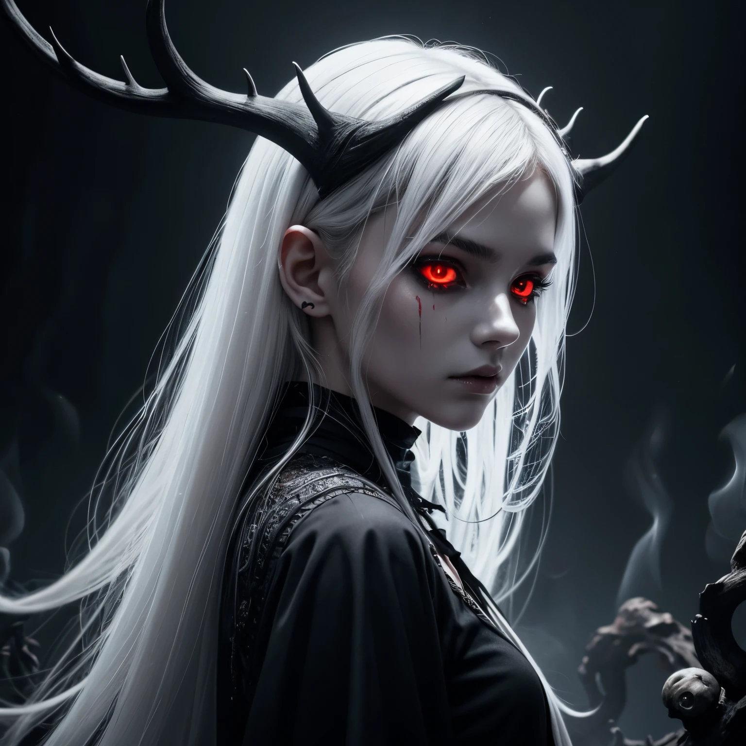 dark, unholy, evil, astral, creepy style, undead, rotting skin, mystical, nice perfect face with soft skin, young beautiful girl portrait on fire, from side, white smoke, mist, night, black clothes, long white hair, antlers, glowing red eyes, light red glow, fire