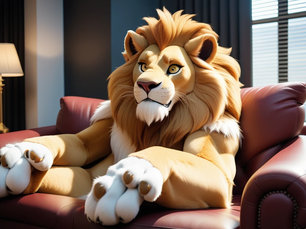 cinematic photo of an anthropomorphic lion fursuit lounging on a couch, with big paws and 4 toes, large penis and balls, erection,