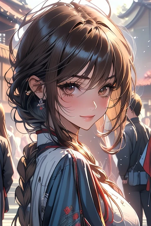 ((masutepiece, Best Quality, hight resolution, nffsw, Perfect Pixel, 4K, nffsw, nffsw))), 1girl in, Single, Solo, Beautie、full body seen、 ((Middle Wave Hair, Bangs, Brown hair)), ((Brown-eyed, Beautiful eyelashes, Realistic eyes)), ((Detailed face, Blushing:1.2)), ((Smooth texture:0.75, Realistic texture:0.65, Photorealistic:1.1, Anime CG style)), medium breasts, Dynamic Angle, Perfect body, (traditional cloth))、Very embarrassing panic smile