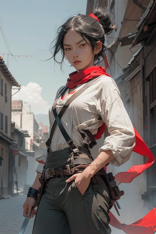 attack on titan, mikasa, Draw a young woman of average height, com cabelos longos e negros. Your eyes are gray and expressive, reflecting determination and intensity. She is dressed in a white blouse and a beautiful red scarf., He wears suspenders and his pants are brown , equipado com dispositivos de manobra tridimensional. His posture is athletic and confident, showing a serene facial expression, but determined.