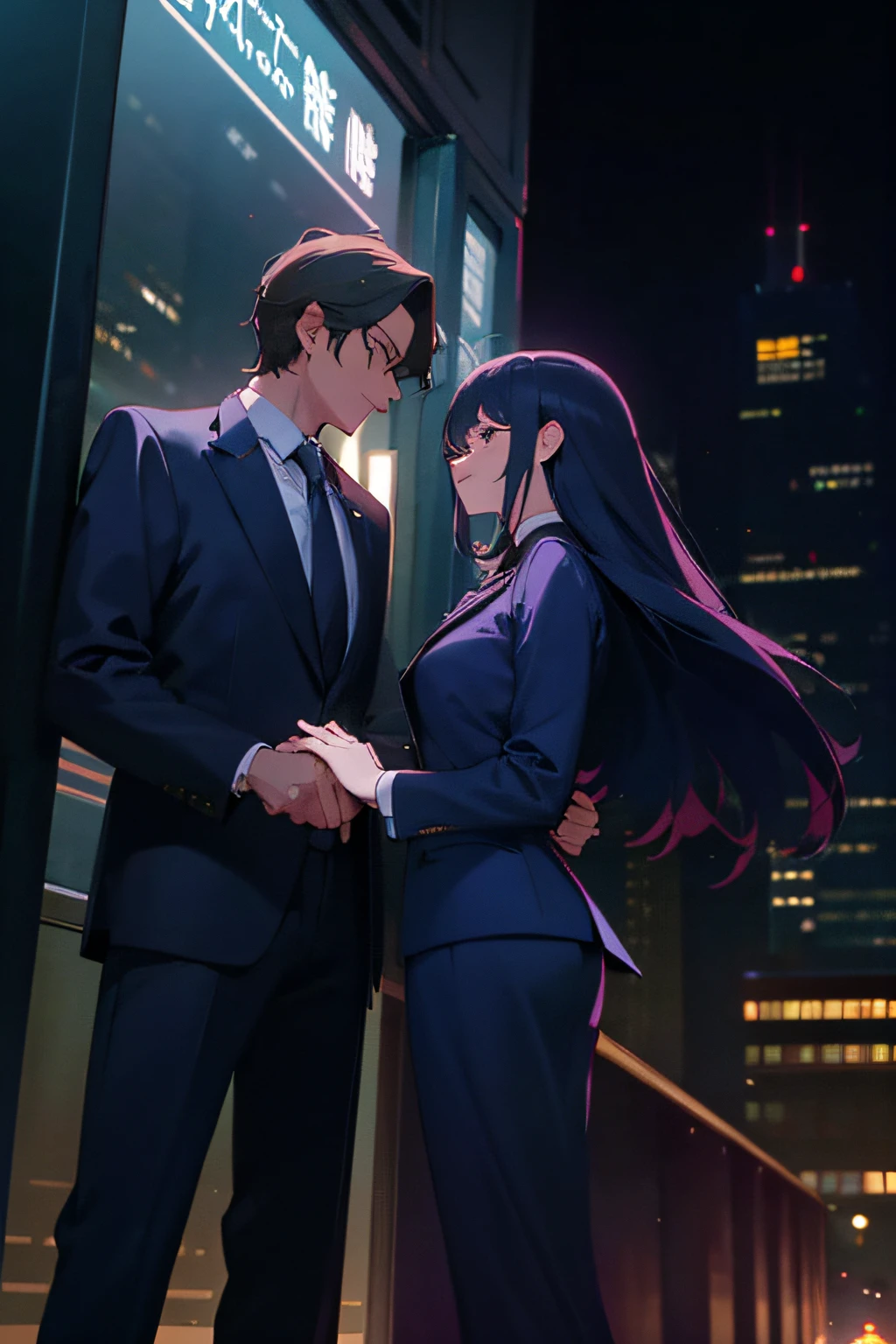 1. There is a man and a woman, and the woman is holding the man's hand. They are lovers.
2. that man is a subordinate.
3. that woman is his boss.
4. Man is wearing a suit.
Woman is wearing a suit.
6. The place is in the city at night.