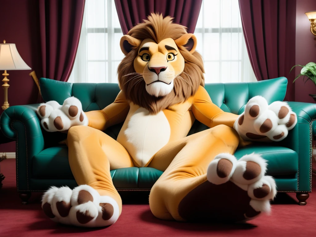 cinematic photo of an anthropomorphic lion fursuit lounging on a couch, with big paws and 4 toes, large penis and balls, erection,